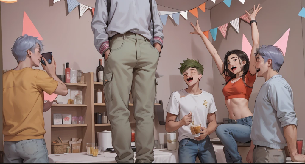 the boy at the table is dancing men and women are cousins they are 20 years old he is partying 18 years old at a party they are happy