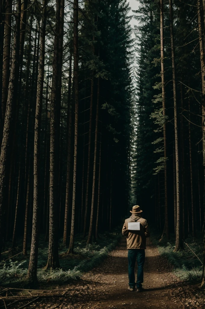 Person with a map in his hand in the middle of the forest in the dark 