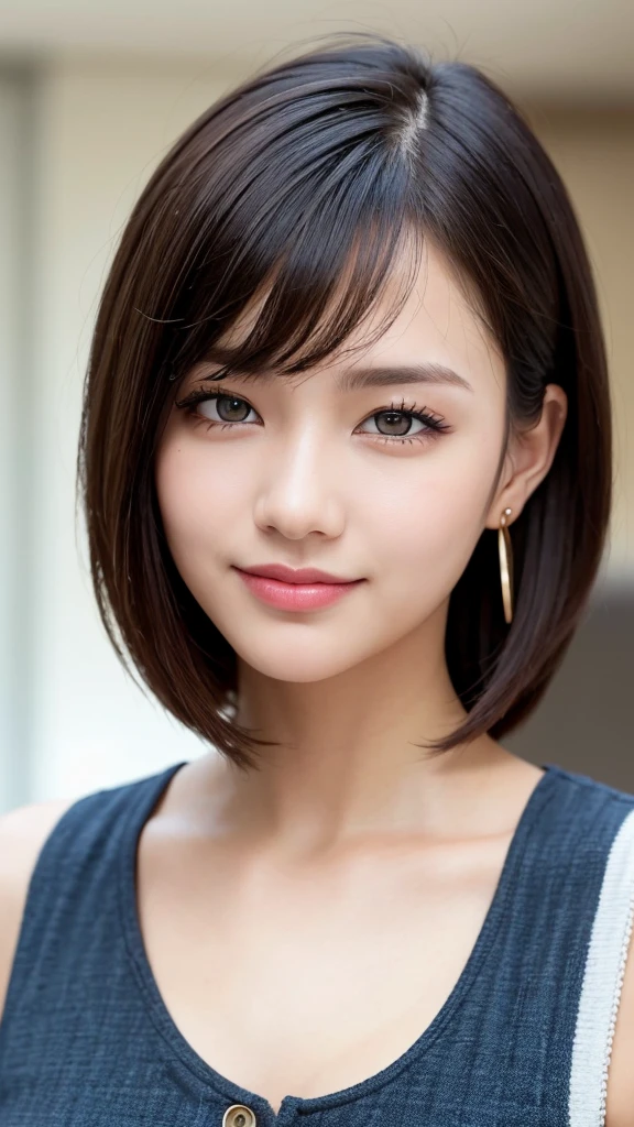 (RAW Photo: 1.2), (Photorealistic: 1.4), (Best Quality: 1.4), Ultra High Resolution, HDR, 8K Resolution, Dreamy, Commentary, Landscape, (No Text), Solo Focus, (Detailed Eyes), (Detailed Face), (Detailed Clothing Features), Skin Tight, (Shiny Skin), (SLF) Mender), (Slim), (Beauty Face), 1 Boy, Virtual Girl Ren Young, bangs, black hair, blue eyes, earrings, loose shirt, smile, embarrassed, cute, look straight at the camera,