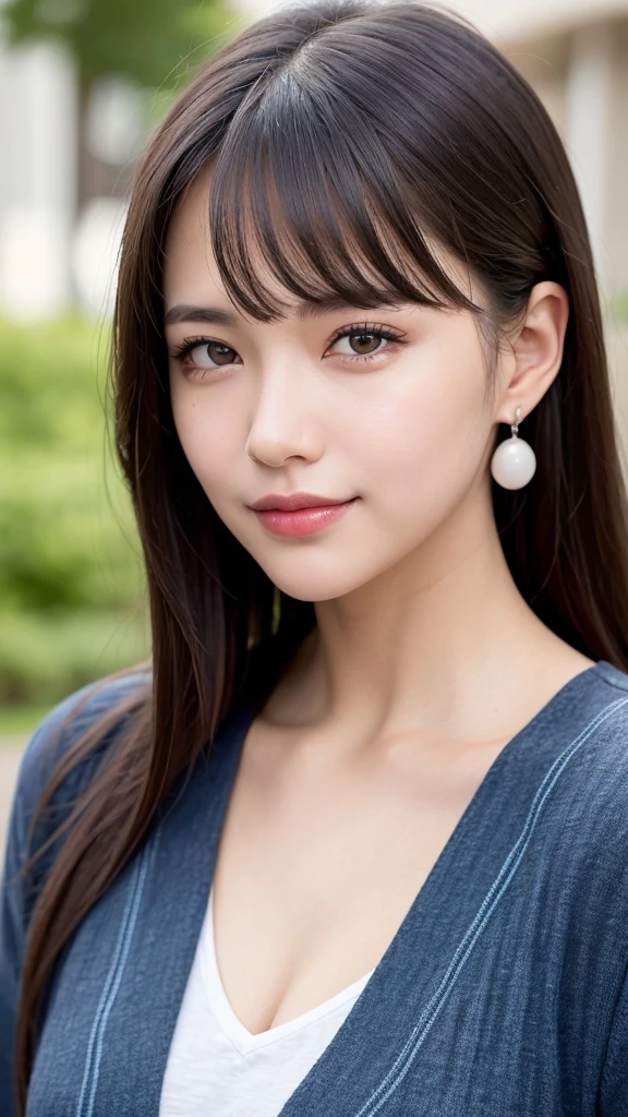 (RAW Photo: 1.2), (Photorealistic: 1.4), (Best Quality: 1.4), Ultra High Resolution, HDR, 8K Resolution, Dreamy, Commentary, Landscape, (No Text), Solo Focus, (Detailed Eyes), (Detailed Face), (Detailed Clothing Features), Skin Tight, (Shiny Skin), (SLF) Mender), (Slim), (Beauty Face), 1 Boy, Virtual Girl Ren Young, bangs, black hair, blue eyes, earrings, loose shirt, smile, embarrassed, cute, look straight at the camera,