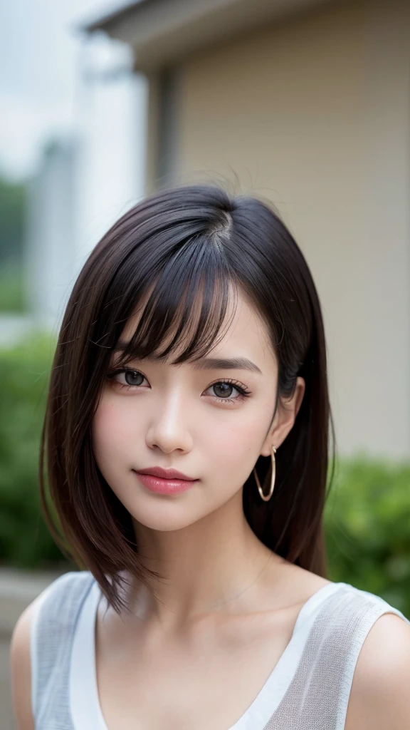 (RAW Photo: 1.2), (Photorealistic: 1.4), (Best Quality: 1.4), Ultra High Resolution, HDR, 8K Resolution, Dreamy, Commentary, Landscape, (No Text), Solo Focus, (Detailed Eyes), (Detailed Face), (Detailed Clothing Features), Skin Tight, (Shiny Skin), (SLF) Mender), (Slim), (Beauty Face), 1 Boy, Virtual Girl Ren Young, bangs, black hair, blue eyes, earrings, loose shirt, smile, embarrassed, cute, look straight at the camera,