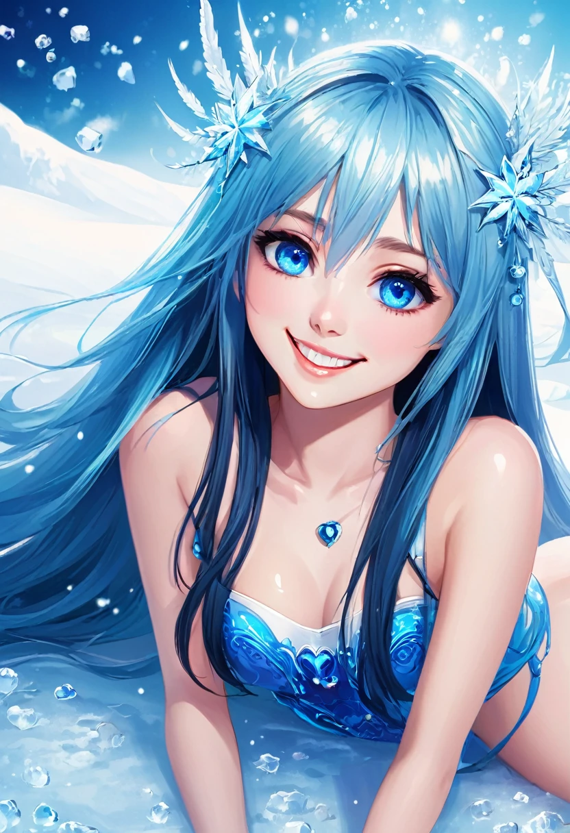 best qualityer, high qualiy, a beautiful girl, alone, beautiful long hair, gorgeous blue eyes, charmer smile, skin fair, legs spread open.18+, icy, No sensitivity,