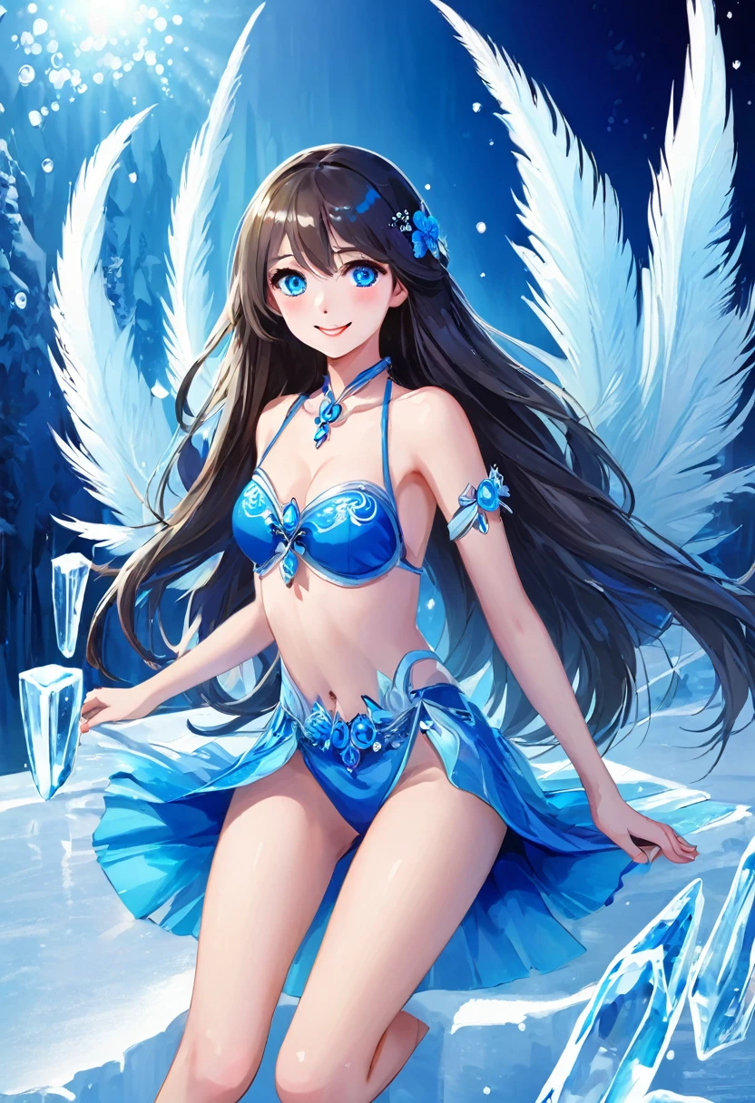 best qualityer, high qualiy, a beautiful girl, alone, beautiful long hair, gorgeous blue eyes, charmer smile, skin fair, legs spread open.18+, icy, No sensitivity,