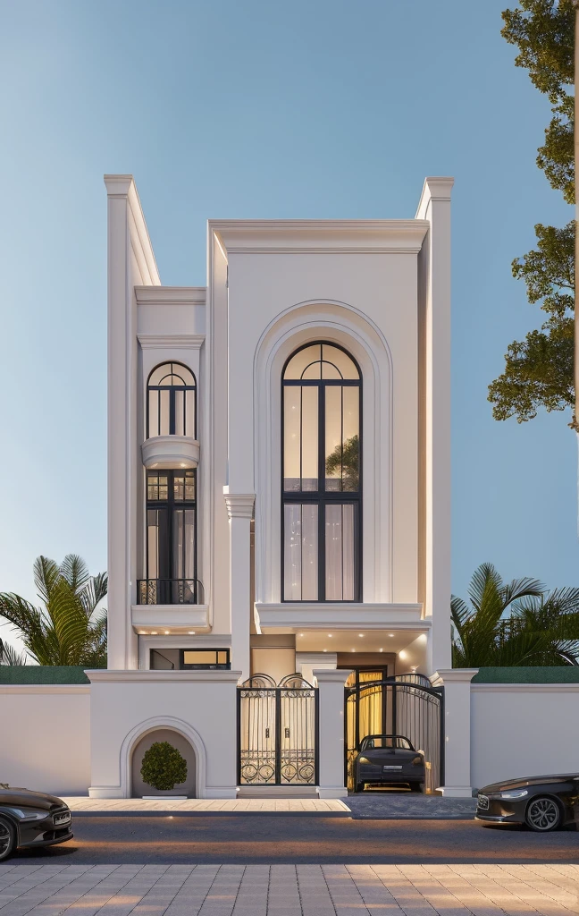 PLATFORM KTHOUSE, 1 morden villa, slope roof, main material of villa about Concrete Effect wall:1.4 and, and stone:1.2, many white collum:1.4, 1large yard, 1 road runs in front of the house, (RAW photo, real, best quality, masterpiece:1.2), look morden minimalist, 1 road in front of the house, dynamic lighting:1.3, (hyper realistic, photo-realistic:1.2), high quality, (dark lighting:1.2), perfect lighting, archdaily, no human, light at 12 noon, light in door:1.2
