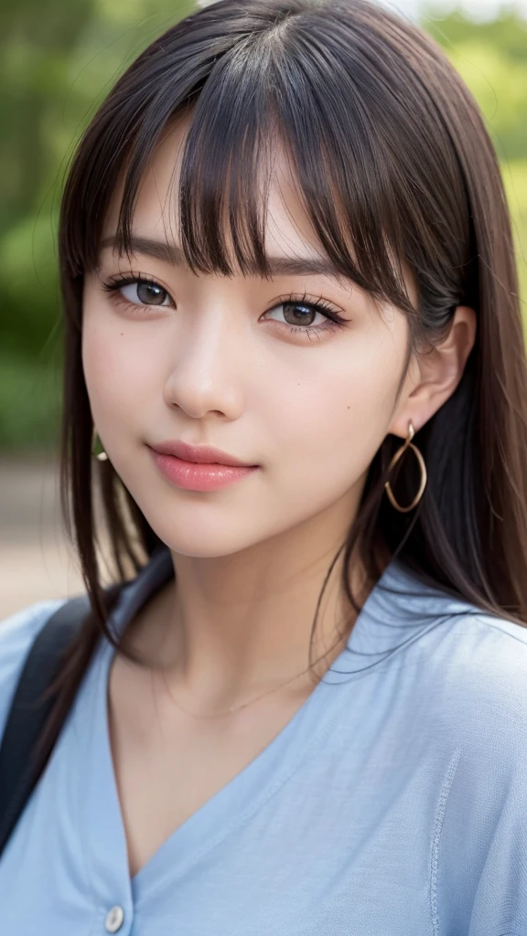 (RAW Photo: 1.2), (Photorealistic: 1.4), (Best Quality: 1.4), Ultra High Resolution, HDR, 8K Resolution, Dreamy, Commentary, Landscape, (No Text), Solo Focus, (Detailed Eyes), (Detailed Face), (Detailed Clothing Features), Skin Tight, (Shiny Skin), (SLF) Mender), (Slim), (Beauty Face), 1 Boy, Virtual Girl Ren Young, bangs, black hair, blue eyes, earrings, loose shirt, smile, embarrassed, cute, look straight at the camera,