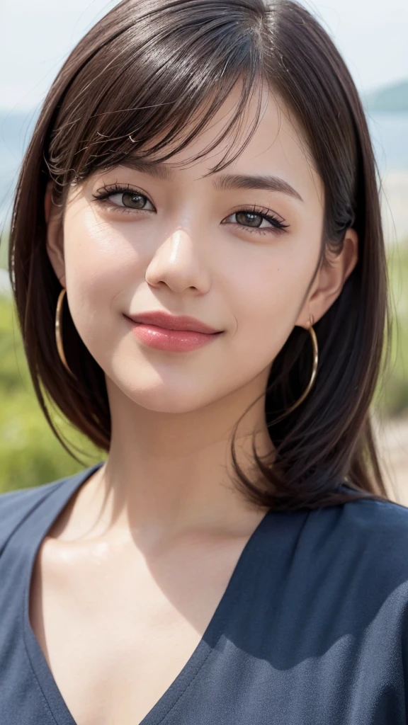 (RAW Photo: 1.2), (Photorealistic: 1.4), (Best Quality: 1.4), Ultra High Resolution, HDR, 8K Resolution, Dreamy, Commentary, Landscape, (No Text), Solo Focus, (Detailed Eyes), (Detailed Face), (Detailed Clothing Features), Skin Tight, (Shiny Skin), (SLF) Mender), (Slim), (Beauty Face), 1 Boy, Virtual Girl Ren Young, bangs, black hair, blue eyes, earrings, loose shirt, smile, embarrassed, cute, look straight at the camera,