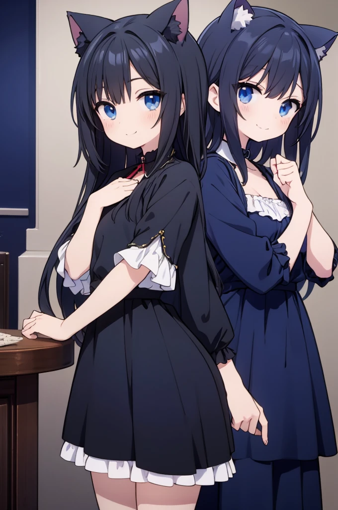 anime girl vtuber black hair blue eyes, in a blue room with gothic clothing cat ears smiling with a gothic boy