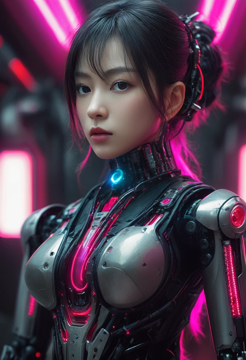 xxmixgirl. Highly detailed professional 35mm film, bokeh, face in sharp focus. A robotic female, Miku, with ((metal skin)), ((perfect Asian eyes)) with magenta irises and ((black pupils)), beautiful serious (detailed face), 18 year old ((photorealistic face)), very long magenta twin tails of magenta hair, twin black hair ties with a single red stripe. She may have a black audio headpiece. We can see her ((full body)) down to her boot soles. Her outfit is a sleeveless collared light grey shirt, outlined in red around the frilled collar and hems. Shiny reflective ((metallic breast cups, dimpleless)), invisible nipples. She wears black sleeves with red hems that start around her upper arm and bellow out as the sleeves open and extend to her wrists, with wide trumpet red rimmed cuffs. She has perfect robotic (detailed hands). She wears a red colored tie with two horizontal solid parallel black lines halfway across. She wears a fabric black skirt with a horizontal red hem at the bottom all the way around; her (((black skirt wraps around her))) and ((her skirt completely covers)) her robotic waist and thighs. Tall black boots with red bottom soles, a red rim around the top at her thighs. Her mechanical shoulder joints are visible. We can see her robotic legs and robotic neck. Half of her is covered with shiny polished machinery. The background is a distant dark neon futuristic Japanese city, gold, cyan, violet neon, near harbor or mountains.