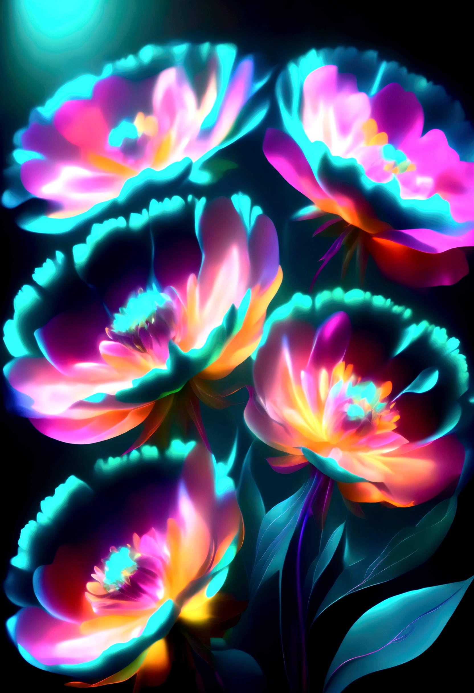 A vibrant and glowing field of neon flowers blooming at night, with bright pink, orange, and purple petals illuminated against a dark background. The leaves are in shades of teal and green, and the scene is enriched with magical lighting effects and lens flares to enhance the surreal atmosphere. The image should capture the ethereal beauty and vivid colors with sharp focus and dynamic contrast, creating a visually stunning and dreamlike landscape.