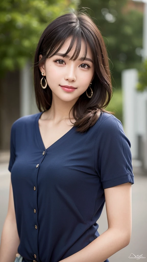 (RAW Photo: 1.2), (Photorealistic: 1.4), (Best Quality: 1.4), Ultra High Resolution, HDR, 8K Resolution, Dreamy, Commentary, Landscape, (No Text), Solo Focus, (Detailed Eyes), (Detailed Face), (Detailed Clothing Features), Skin Tight, (Shiny Skin), (SLF) Mender), (Slim), (Beauty Face), 1 Boy, Virtual Girl Ren Young, bangs, black hair, blue eyes, earrings, loose shirt, smile, embarrassed, cute, look straight at the camera,