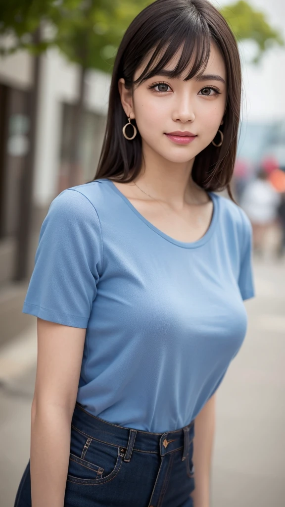 (RAW Photo: 1.2), (Photorealistic: 1.4), (Best Quality: 1.4), Ultra High Resolution, HDR, 8K Resolution, Dreamy, Commentary, Landscape, (No Text), Solo Focus, (Detailed Eyes), (Detailed Face), (Detailed Clothing Features), Skin Tight, (Shiny Skin), (SLF) Mender), (Slim), (Beauty Face), 1 Boy, Virtual Girl Ren Young, bangs, black hair, blue eyes, earrings, loose shirt, smile, embarrassed, cute, look straight at the camera,