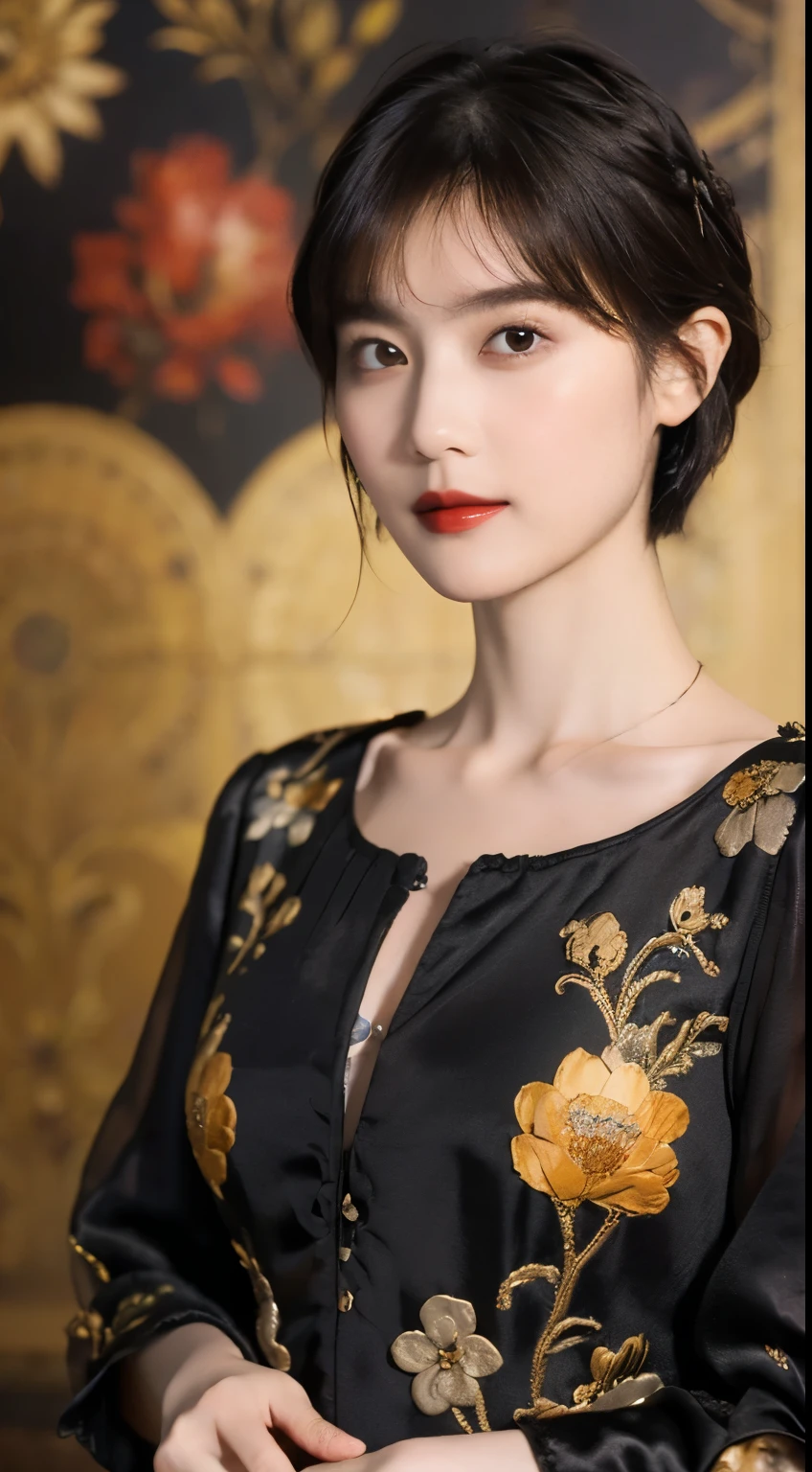 117
(20 year old woman,stand), (surrealism), (High level image quality), ((Beautiful Hairstyle 46)), ((Short hair)), (soft smile), (chest:1.1), (lipstick), (floral pattern), (Light and Darkness), (rembrandt painting), (Luxurious rooms)