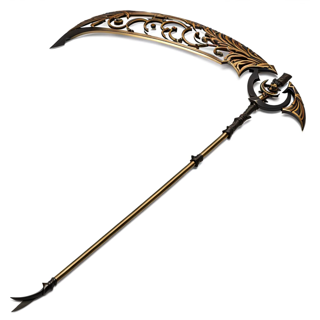 A grimm reaper scythe made of bronze, Time Scythe, Bronze Scythe, Bronze Time Scythe, Floating hourglass in the blade.