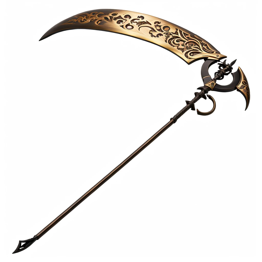 A grimm reaper scythe made of bronze, Time Scythe, Bronze Scythe, Bronze Time Scythe, Floating hourglass in the blade.