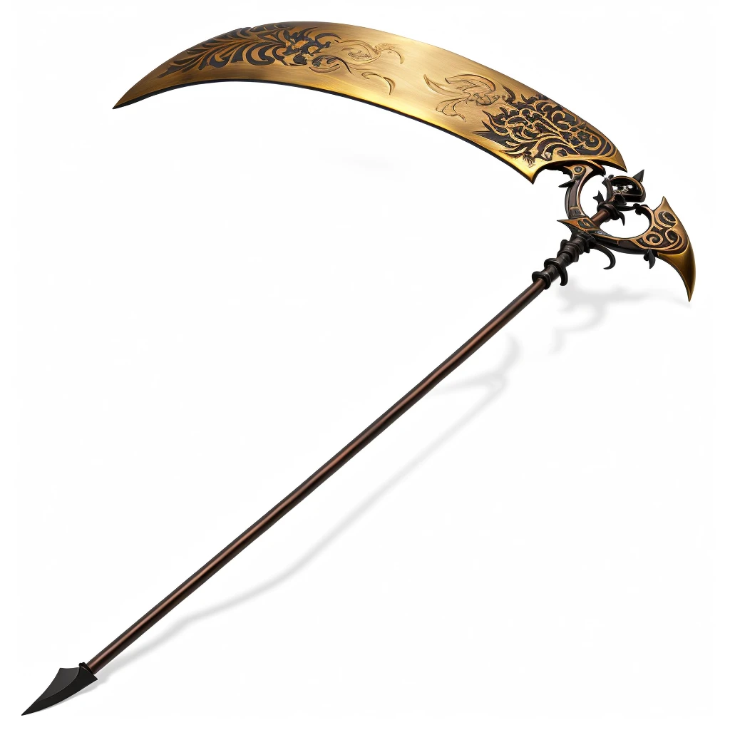 A grimm reaper scythe made of bronze, Time Scythe, Bronze Scythe, Bronze Time Scythe, Floating hourglass in the blade.