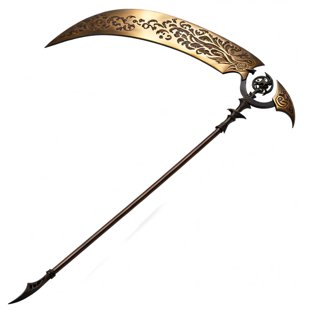 A grimm reaper scythe made of bronze, Time Scythe, Bronze Scythe, Bronze Time Scythe, Floating hourglass in the blade.