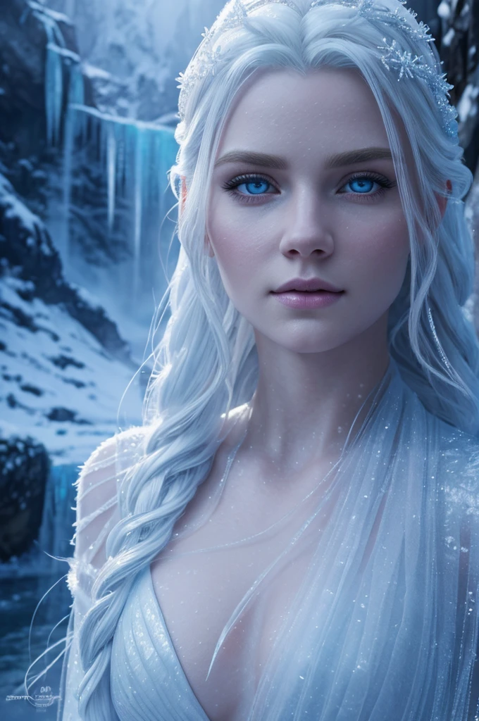 a beautiful young woman in a snowy cave, detailed portrait, icy blue eyes, pale skin, long white hair, elegant snow queen, wearing a flowing ice-like dress, ice crystals forming on her skin, cold mist surrounding her, frozen waterfall in the background, ethereal and magical atmosphere, (best quality,8k,highres,masterpiece:1.2),ultra-detailed,(realistic,photorealistic,photo-realistic:1.37),intricate ice patterns,dramatic lighting,cinematic composition,fantasy,concept art