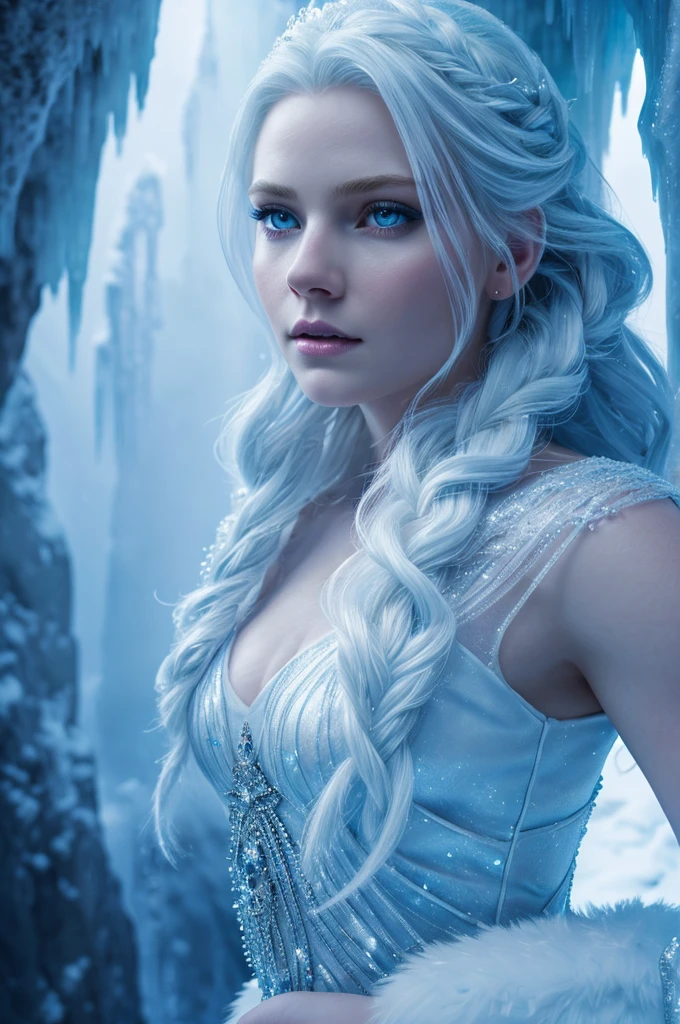 a beautiful young woman in a snowy cave, detailed portrait, icy blue eyes, pale skin, long white hair, elegant snow queen, wearing a flowing ice-like dress, ice crystals forming on her skin, cold mist surrounding her, frozen waterfall in the background, ethereal and magical atmosphere, (best quality,8k,highres,masterpiece:1.2),ultra-detailed,(realistic,photorealistic,photo-realistic:1.37),intricate ice patterns,dramatic lighting,cinematic composition,fantasy,concept art