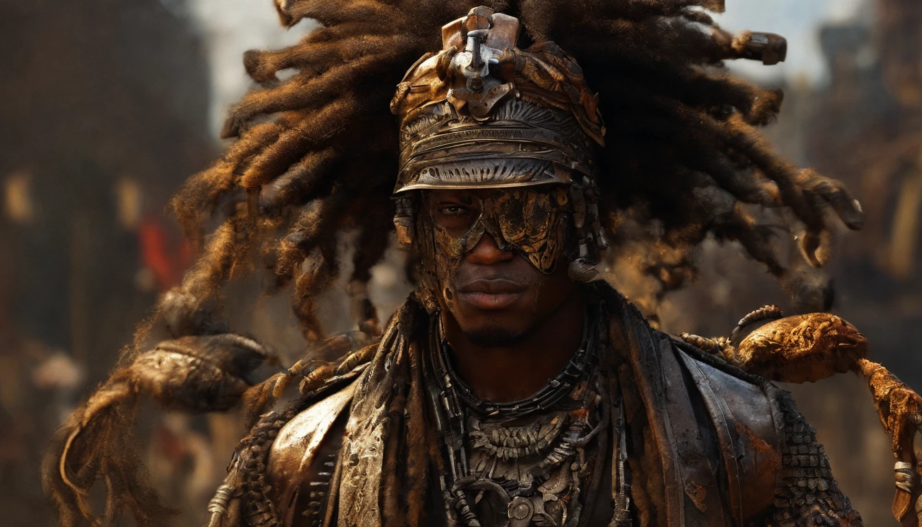 afro man, afro hair, Dark fantasy, cyberpunk, Mechanical Marvel, Robotic Presence, Cyber ​​Guardian, wearing a weathered mechanical suit, intricate, (rusty steel metal), elegant, Bright Focus, shot by Greg Rutkowski, soft lighting, vibrant colors , masterpiece, street, cowboy shot, dynamic pose.