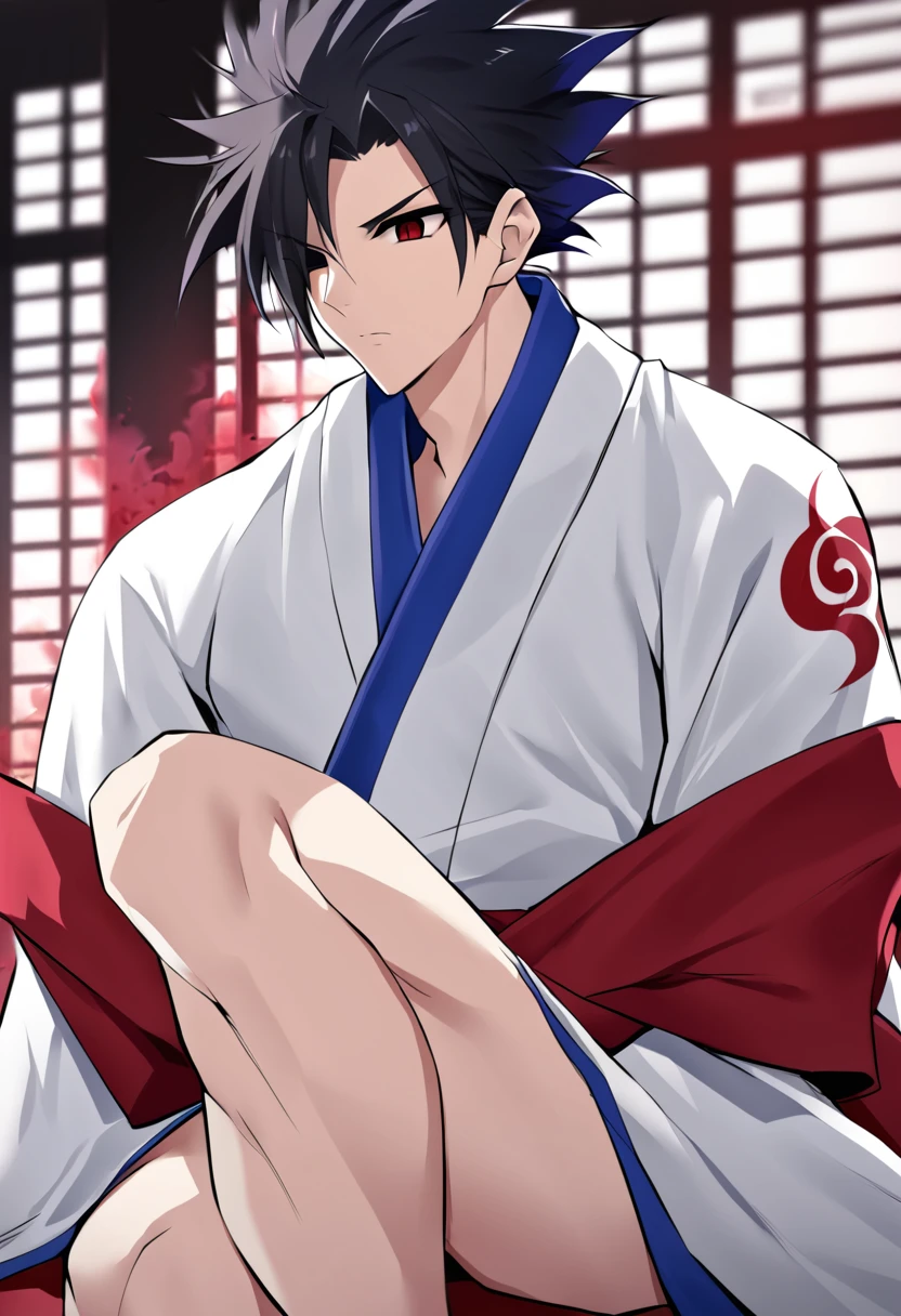 1boy, male focus, ponyzeldris, black hair, short hair, spiked hair, black eyes, red eyes, empty eyes,muscle, wearing white kimono with blue parts, sitting at the the dojo, dojo background, focused expression,closed eyes, Crossed legs,red aura