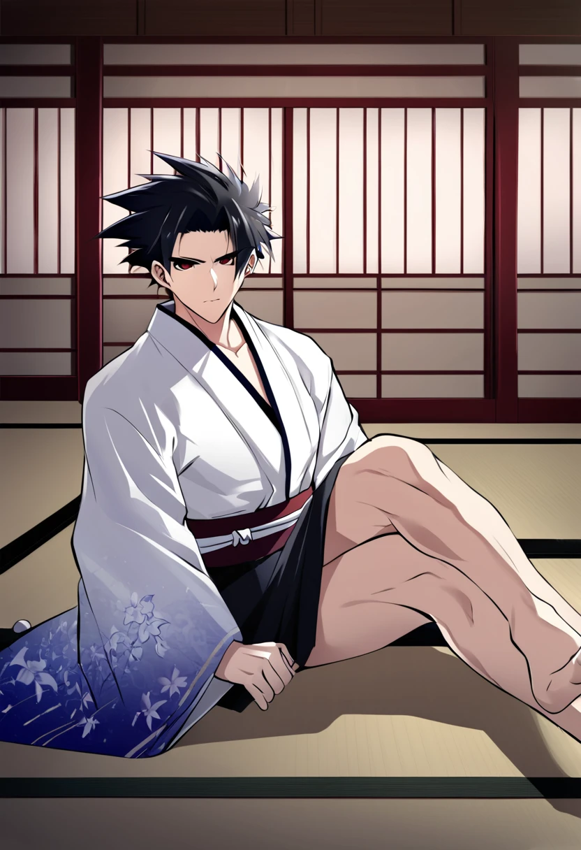 1boy, male focus, ponyzeldris, black hair, short hair, spiked hair, black eyes, red eyes, empty eyes,muscle, wearing white kimono with blue parts, sitting at the the dojo, dojo background, focused expression,closed eyes, Crossed legs,red aura