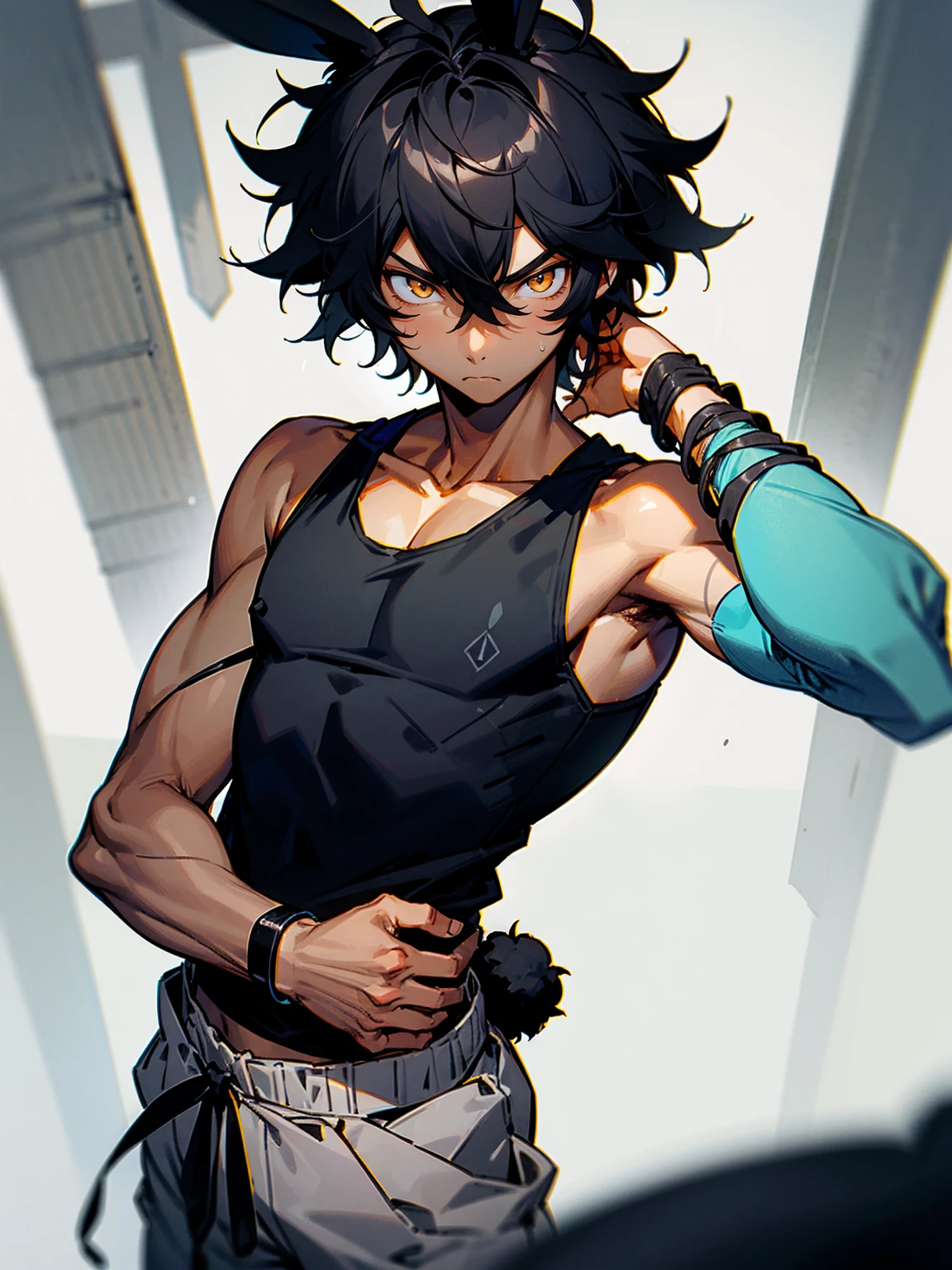 1male, dark skin, black hair, wavy middle parted hair, rabbit ears, lean build, tank top, tied to waist, bracelets, grey sweatpants, Japanese school, serious expression