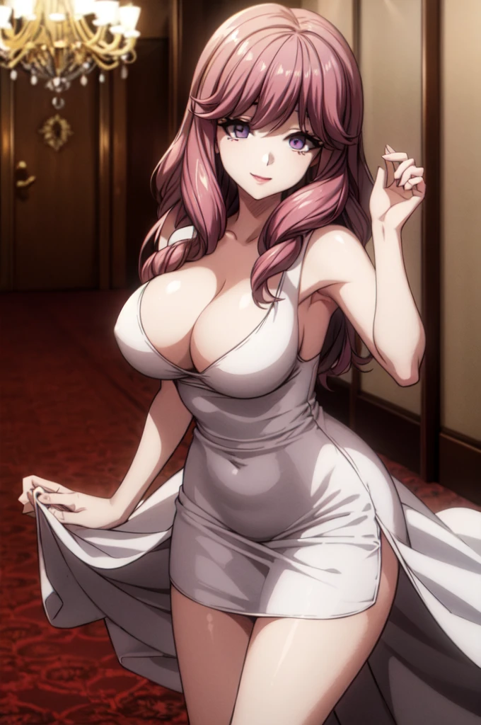 perfect eyes:1.2, detailed eyes:1.4, hall, smile, chandelier, medium hair, Kurayoshi_R, cleavage, large breasts, white dress, long dress, medium full shot, thigh-level shot, 1girl,(masterpiece:1.6, best quality),