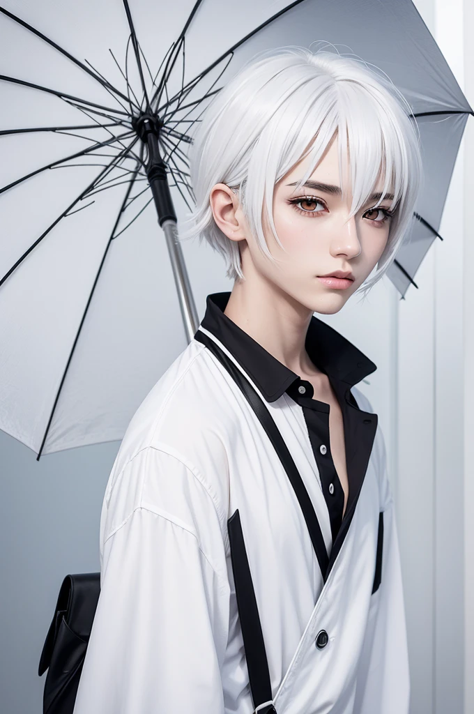 1 character, 2d masculino, anime style art, white clothes with black details, White hair, shorth hair, shorth hair feminino, muka feminino, muka , muka apático, white umbrella, stylish umbrella, simple art, no realism, Simple sketch, fully body