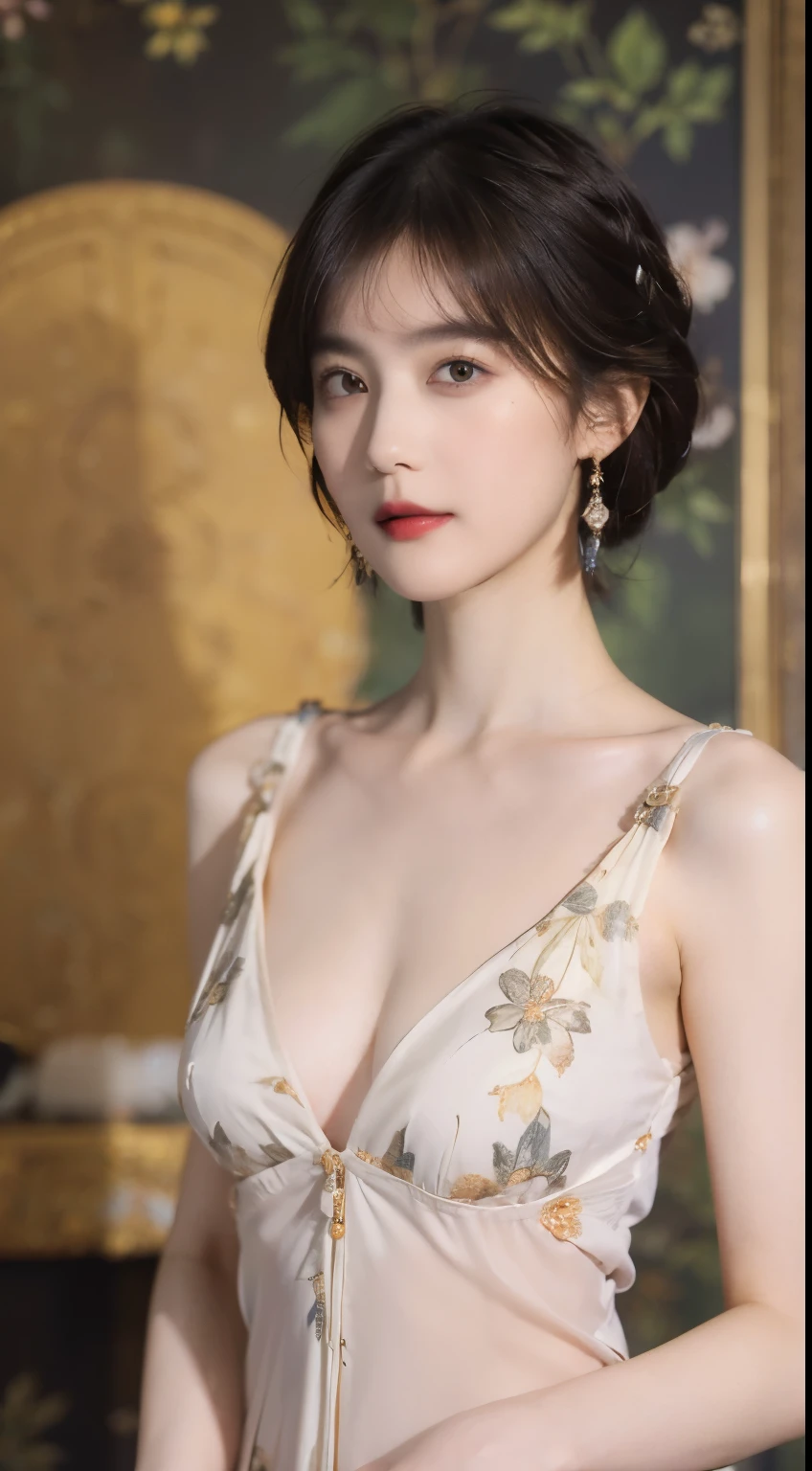 117
(20 year old woman,stand), (surrealism), (High level image quality), ((Beautiful Hairstyle 46)), ((Short hair)), (soft smile), (chest:1.1), (lipstick), (floral pattern), (Light and Darkness), (rembrandt painting), (Luxurious rooms), 큰 chest, whole body