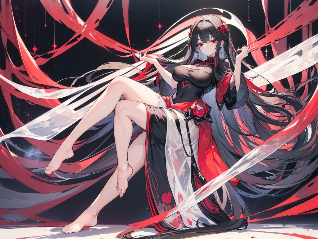 (Exquisite eyes),(Clear and beautiful eyes:1.61),masterpiece, ung girl,(Black clothes and some red gems), Black long hair, (She has a huge red gem on her chest), Good Hand,((The Havoc of StarCraft)),full-body shot,Fighting Stance,(Red Eyes:1.466),short and small,(Very big breasts:1.35),(Pretty Face),(full-body shot:1.33),Beautiful hands