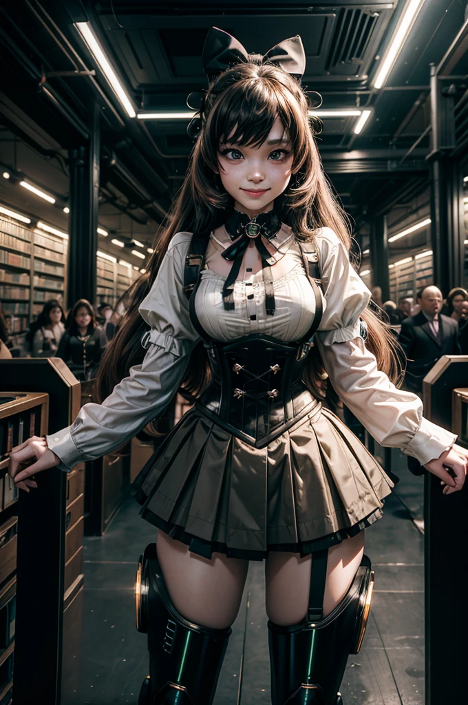 1girl, solo, cowboy shot,  smile,  underbust, Penny Polendina, long hair, neck ribbon, suspender skirt, corset, black bow, white blouse, mechanical legs, neon trim, indoors, standing, in cyberpunk library, crowd, (crowd wearing cyberpunk fashion)

