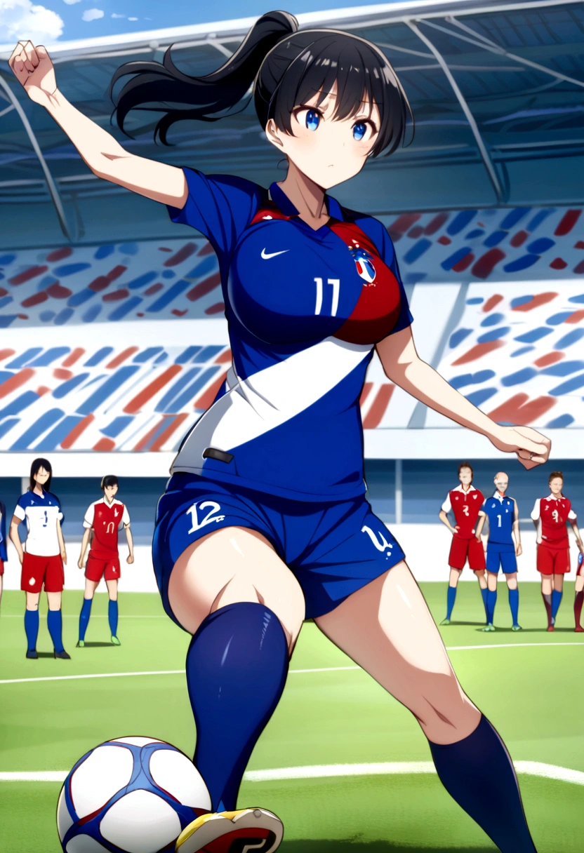 (anime ,2D) Women, soccer player , average height ,clear skin,thin face ,serious expression,blue eyes,black hair , waist length ,fringe ,gathered in a bun at the back,Skinny body,big breasts,small waist, France national team uniform, In a soccer field ,kicking a ball