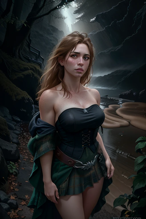 deep shadow, sinister, award winning photo, best quality, masterpiece, upper body, woman, freckled face, windblown blonde hair, emerald eyes, modern strapless dress by Jeremy Lipking, by Antonio J. Manzanedo, by lee jeffries nikon d850 film stock photograph 4 kodak portra 400 camera f1.6 lens rich colors hyper realistic lifelike texture dramatic lighting unreal engine trending on artstation cinestill 800, fisheye lens, Style-Kilt, windy beach, scottish loch, forest