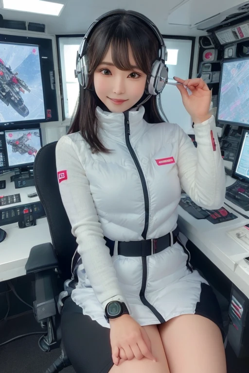 masterpiece, Highest quality, Very detailed, 8K Portrait,Japanese Android Girl,plump , Control panel,Robotic arms and legs, Blunt bangs,,break (Metallic Gray, Metallic luster, Mirror finish, Astro Best):5,headphone:5,break (Black sleeves):100,Smart Watches,Futuristic space station,Control Room,break headphone,blue eyes,(Black Hair):2,(Long Hair):1.3,Displaying the viewer,(respirator),break blush:3,Hidden Hand,smile