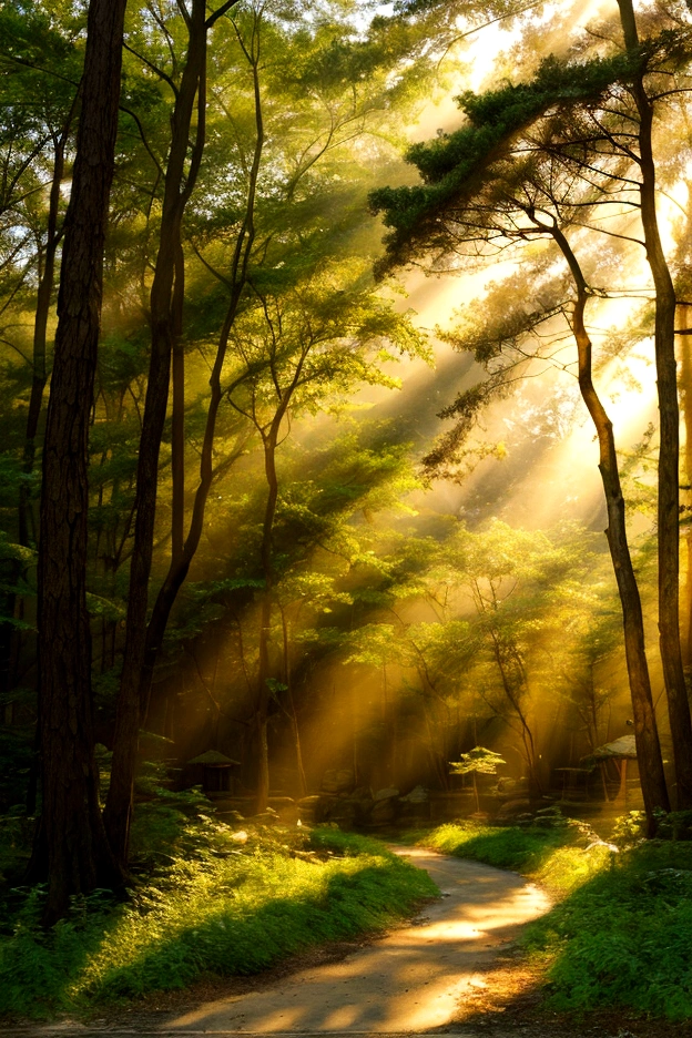 in the forest、wood々The soft sunlight filtering through、The pleasant chirping of birds from afar