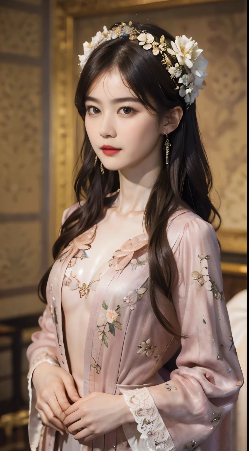 117
(20 year old woman,stand), (surrealism), (High level image quality), ((Beautiful Hairstyle 46)), ((long hair)), (soft smile), (chest:2), (lipstick), (floral pattern), (Light and Darkness), (rembrandt painting), (Luxurious rooms),큰 chest, glamour, whole body