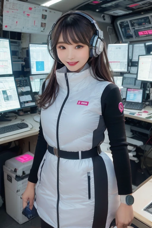 masterpiece, Highest quality, Very detailed, 8K Portrait,Japanese Android Girl,plump , Control panel,Robotic arms and legs, Blunt bangs,,break (Metallic Gray, Metallic luster, Mirror finish, Astro Best):5,headphone:5,break (Black sleeves):100,Smart Watches,Futuristic space station,Control Room,break headphone,blue eyes,(Black Hair):2,(Long Hair):1.3,Displaying the viewer,(respirator),break blush:3,Hidden Hand,smile