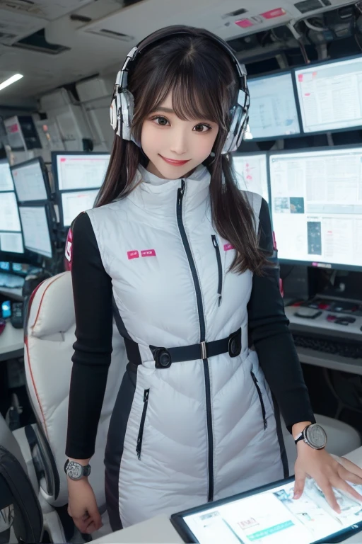 masterpiece, Highest quality, Very detailed, 8K Portrait,Japanese Android Girl,plump , Control panel,Robotic arms and legs, Blunt bangs,,break (Metallic Gray, Metallic luster, Mirror finish, Astro Best):5,headphone:5,break (Black sleeves):100,Smart Watches,Futuristic space station,Control Room,break headphone,blue eyes,(Black Hair):2,(Long Hair):1.3,Displaying the viewer,(respirator),break blush:3,Hidden Hand,smile