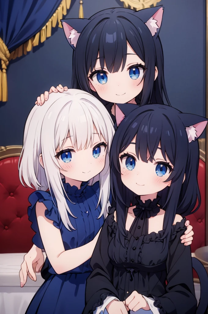 two vtuber anime girls black hair blue eyes, in a blue room with gothic clothing cat ears smiling