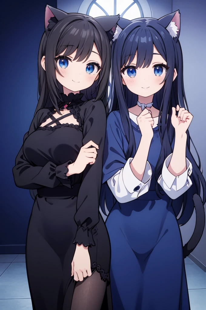 two vtuber anime girls black hair blue eyes, in a blue room with gothic clothing cat ears smiling