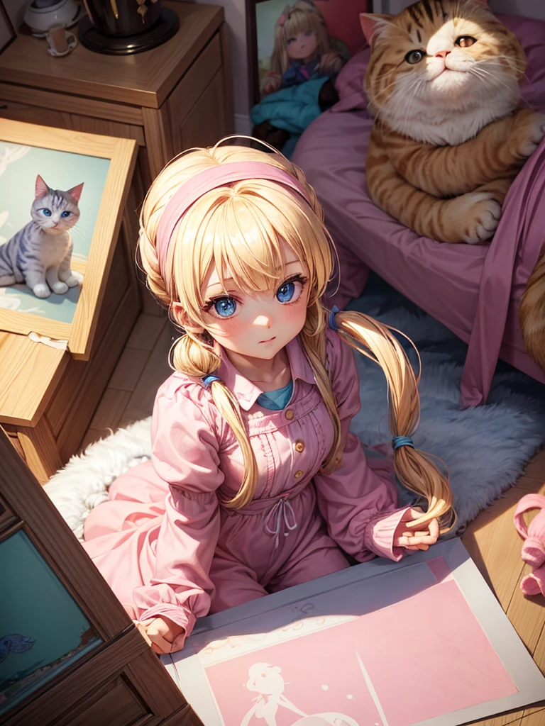 A young girl with bright blonde hair, hairstyle in two low pigtails with pink ribbons, and blue eyes full of curiosity. Designed in the style of Dragon Ball Z, She wears a pink jumpsuit dress and a matching hat.. Sitting in her cozy room, decorated with posters and drawings, next to his white cat with green eyes. The cat, snuggled and calm, He looks at her with affection and curiosity.. The scene highlights the warmth of her room and the connection between the girl and her cat..
