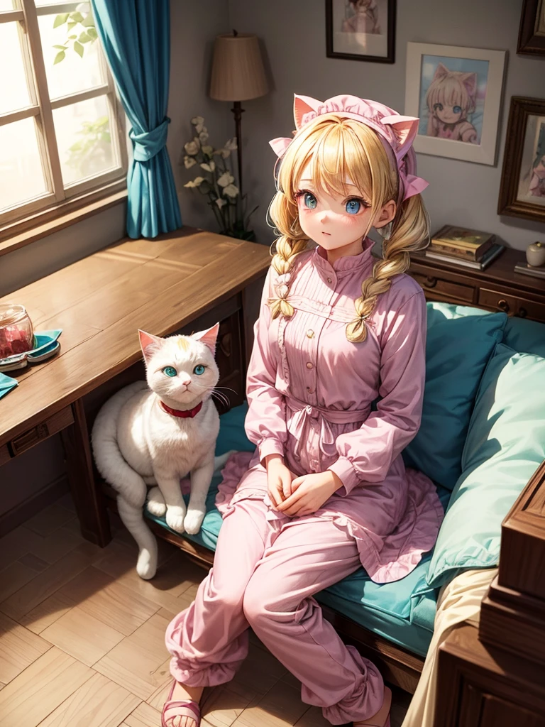 A young girl with bright blonde hair, hairstyle in two low pigtails with pink ribbons, and blue eyes full of curiosity. Designed in the style of Dragon Ball Z, She wears a pink jumpsuit dress and a matching hat.. Sitting in her cozy room, decorated with posters and drawings, next to his white cat with green eyes. The cat, snuggled and calm, He looks at her with affection and curiosity.. The scene highlights the warmth of her room and the connection between the girl and her cat..