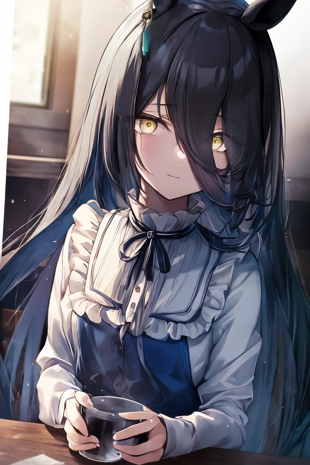 (Tabletop.Highest quality).(Dynamic Angle). (Amazingly detailed CG paintings),(Perfect Image)、Comic Strip.shape.One Girl.Detailed face、Perfect Face.Delicate face、Girl in delicate clothes、Textured skin、Black Hair.length、(Horse-eared girl)Horse-eared girl、((Beautiful yellow eyes)).Delicate and beautiful eyes、The eyes are detailed、Reflective Eyes、Watery eye、smile.(Gazing at the audience:1.3).(Face is a little red:0.8)、8k wallpaper、Cowboy Shot、reflected light、Attention to detail、Complex、Delicate background、Textured skin、Detailed skin、(Ultra-high resolution)、