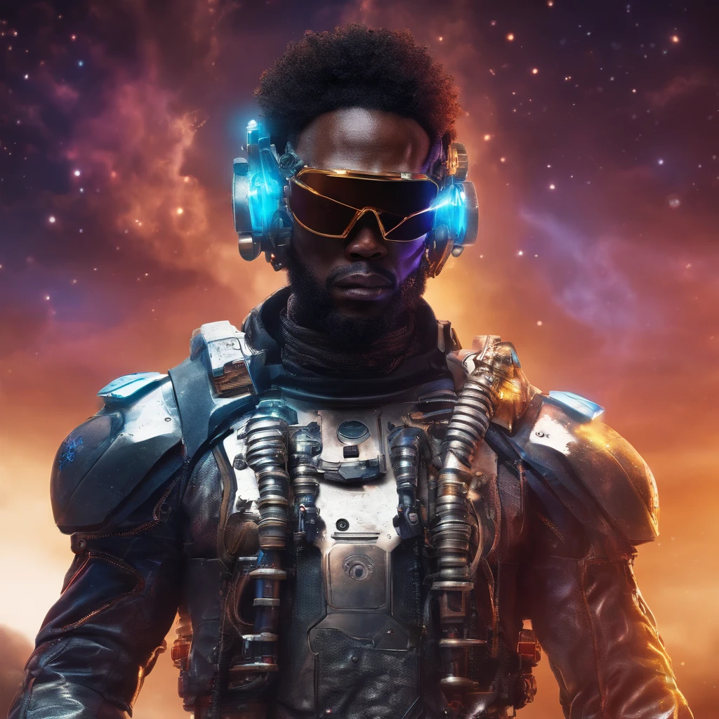 afro man, afro hair, Dark fantasy, cyberpunk, Mechanical Marvel, Robotic Presence, Cyber Guardian, wearing a weathered mechanical suit, intricate, (rusty steel metal), elegant, Bright Focus, shot by Greg Rutkowski, soft lighting, vibrant colors , masterpiece, street, cowboy shot, dynamic pose.