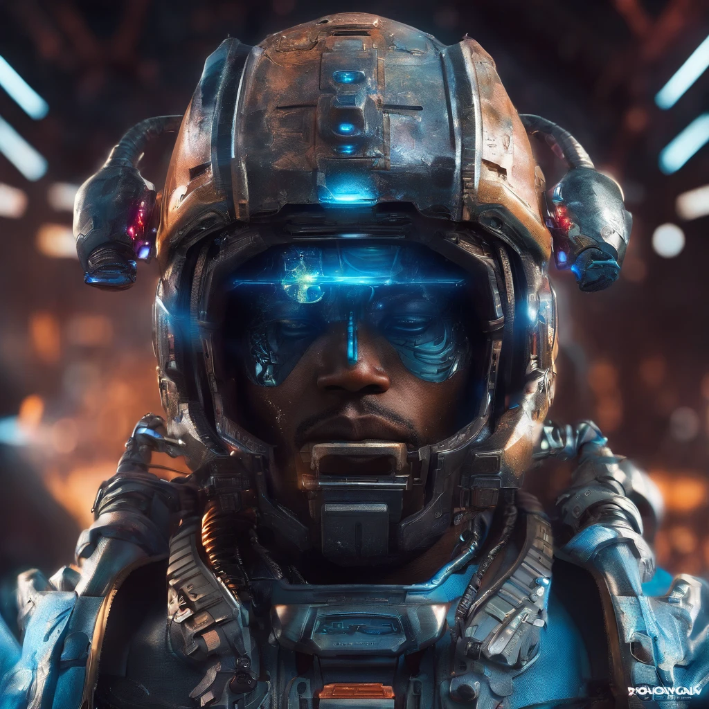 afro man, afro hair, Dark fantasy, cyberpunk, Mechanical Marvel, Robotic Presence, Cyber ​​Guardian, wearing a weathered mechanical suit, intricate, (rusty steel metal), elegant, Bright Focus, shot by Greg Rutkowski, soft lighting, vibrant colors , masterpiece, street, cowboy shot, dynamic pose.