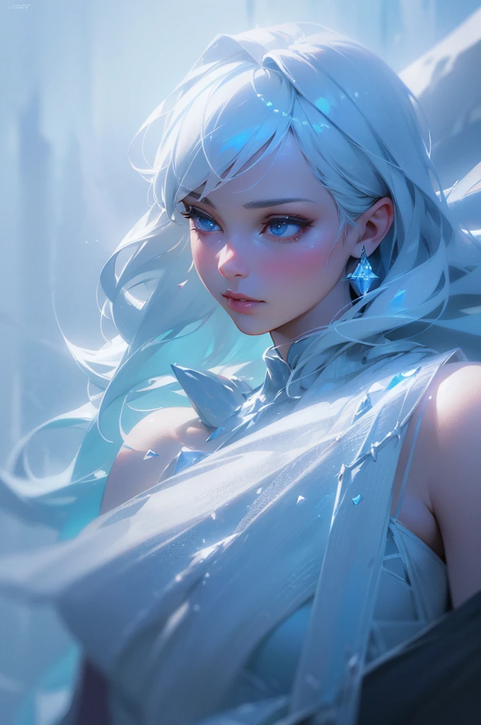 a beautiful young woman in a snowy cave, detailed portrait, icy blue eyes, pale skin, long white hair, elegant snow queen, wearing a flowing ice-like dress, ice crystals forming on her skin, cold mist surrounding her, frozen waterfall in the background, ethereal and magical atmosphere, (best quality,8k,highres,masterpiece:1.2),ultra-detailed,(realistic,photorealistic,photo-realistic:1.37),intricate ice patterns,dramatic lighting,cinematic composition,fantasy,concept art