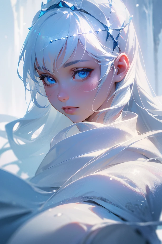 a beautiful young woman in a snowy cave, detailed portrait, icy blue eyes, pale skin, long white hair, elegant snow queen, wearing a flowing ice-like dress, ice crystals forming on her skin, cold mist surrounding her, frozen waterfall in the background, ethereal and magical atmosphere, (best quality,8k,highres,masterpiece:1.2),ultra-detailed,(realistic,photorealistic,photo-realistic:1.37),intricate ice patterns,dramatic lighting,cinematic composition,fantasy,concept art