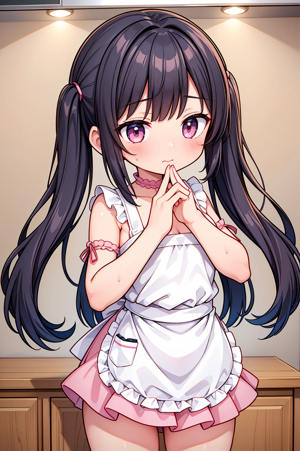 (8K, Highest image quality, highest quality, masterpiece), detailed face, ((****)), ((girl)), (little **** curve), black hair, short twintails, pink eyes, (tiny breasts), (naked apron), cowboy shot, put your hand on your mouth, kitchen background, ((very blushing)), ((detailed hands and fingers)), viewer perspective from below, (blush)