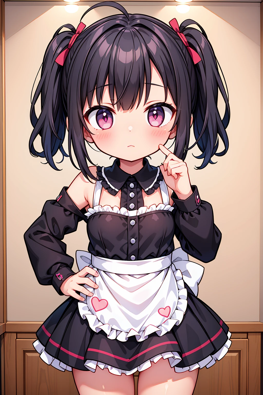 (8K, Highest image quality, highest quality, masterpiece), detailed face, ((loli)), ((girl)), (little loli curve), black hair, short twintails, pink eyes, (tiny breasts), (naked apron), cowboy shot, put your hand on your mouth, kitchen background, ((very blushing)), ((detailed hands and fingers)), viewer perspective from below, (blush)