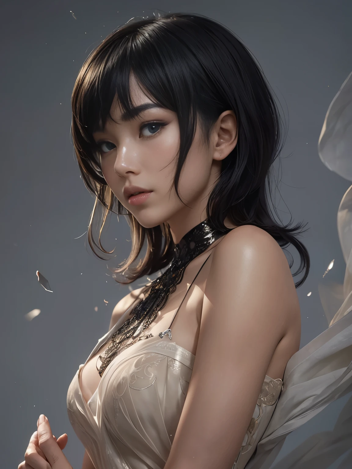 (Best quality, 8k, 32k, Masterpiece, UHD:1.2) "Generate a captivating artwork featuring a young Japanese girl model with short, sleek black hair styled in a chic bob haircut. Envision her bathed in dramatic cinematic lighting, creating an atmosphere of allure and mystery. Emphasize a romantic aesthetic vibe, showcasing the model in a poised and elegant pose that evokes a sense of intimacy and sophistication. Utilize warm and soft tones to enhance the romantic ambiance, and consider incorporating elements like flowing fabrics or flowers to add a touch of ethereal beauty. Capture the essence of romance and beauty through the model's expression, the play of light and shadows, and the overall aesthetic, creating a visually compelling and emotionally resonant piece." (perfect eyes), flawless skin, flawless face, cinematic, tight body, ((well-proportion female hands)), ((female hands with five digits))